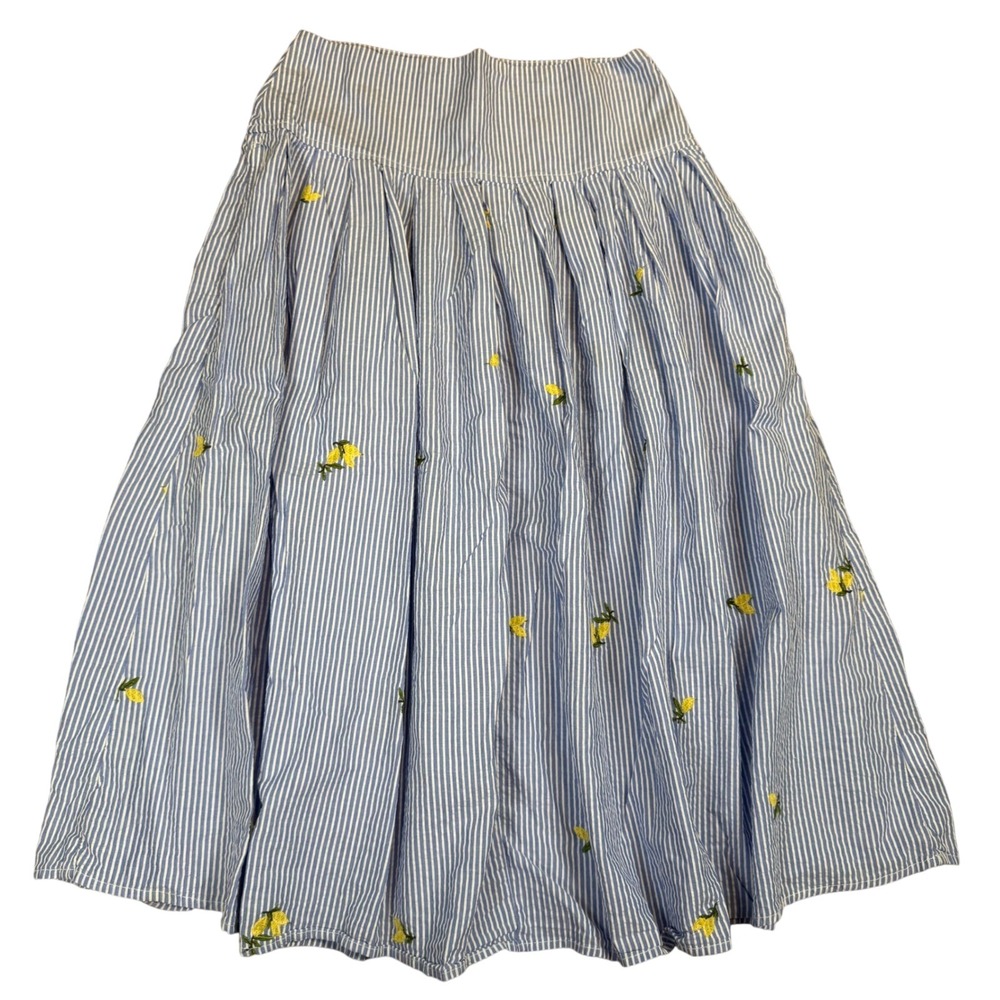 Women Blue White Striped Lemon Embroidered Midi Skirt Summer Coastal Vacation 4
